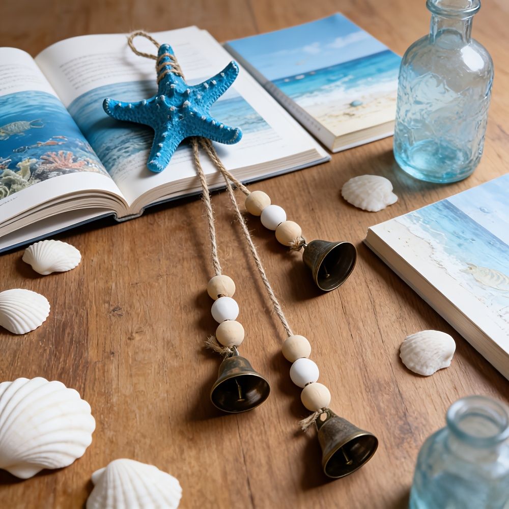 1pc Coastal Resin Starfish Wind Chime with Bells, Nautical Beach Decor for Home, Patio, Porch, Blue Starfish with Wooden Beads & Rustic Metal Bells, Ocean โ image 4