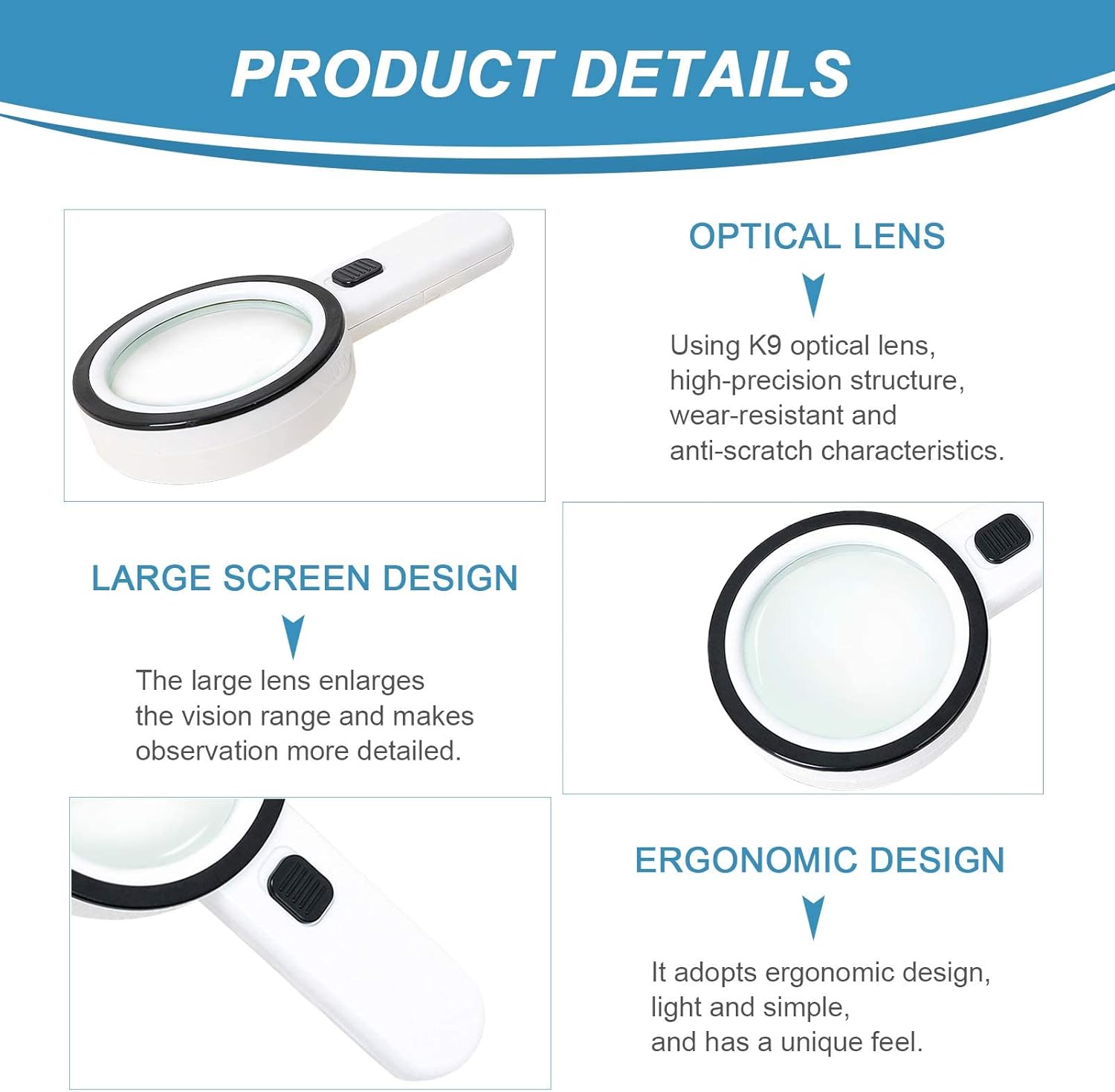 Magnifying glass with 12 LED lights - 30x double glass lens - hand-held illuminated magnifier Suitable for seniors - reading stamps, cards, researching macular — image 3