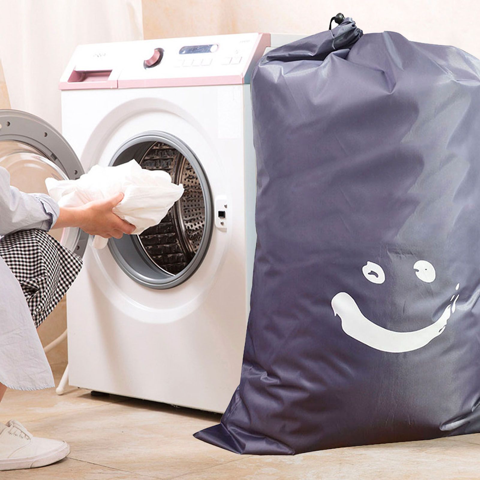 Laundry Bag Nylon Drawstring Cylinder for Household Travel Dirty Clothes Quilt Books Storage Dark Grey Smiling Face โ image 5