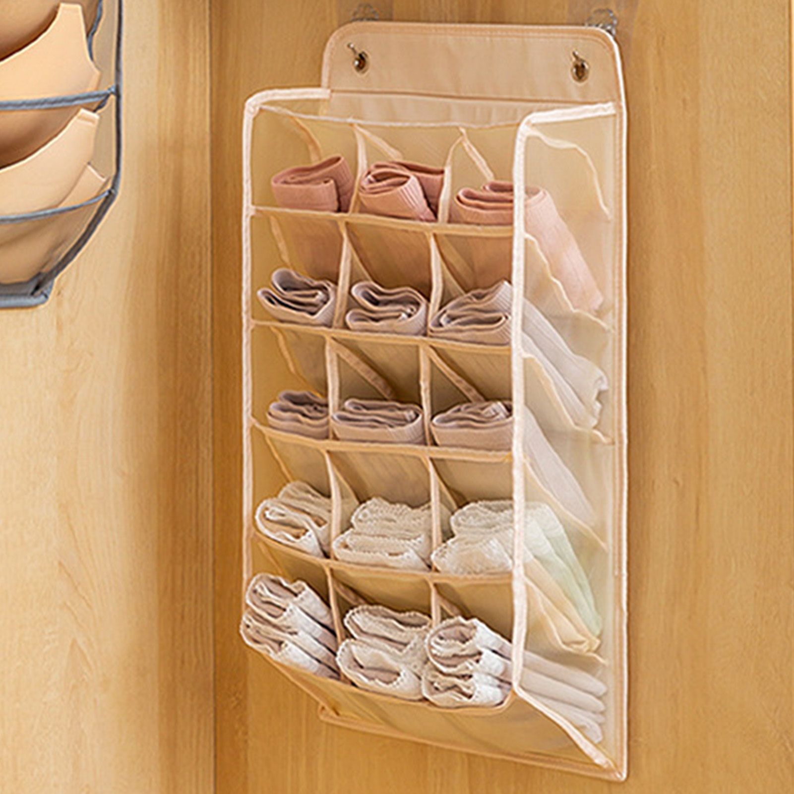 Closet Hanging Underwear Organizer Mesh Oxford Cloth PP Board Underwear Wall Shelf Wardrobe Hanging Storage Bag for Bra Socks Underpants 15 Pockets Beige — image 5