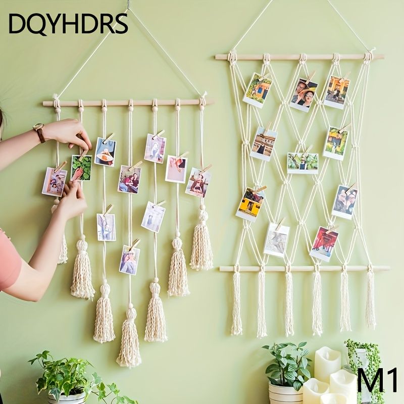 Unique Handwoven Boho Chic Macrame Photo Wall Hanging with Clips - Display for Photos, Cards & Artwork, Perfect for Bedroom, Living Room, Dorm Decor Shape — image 5