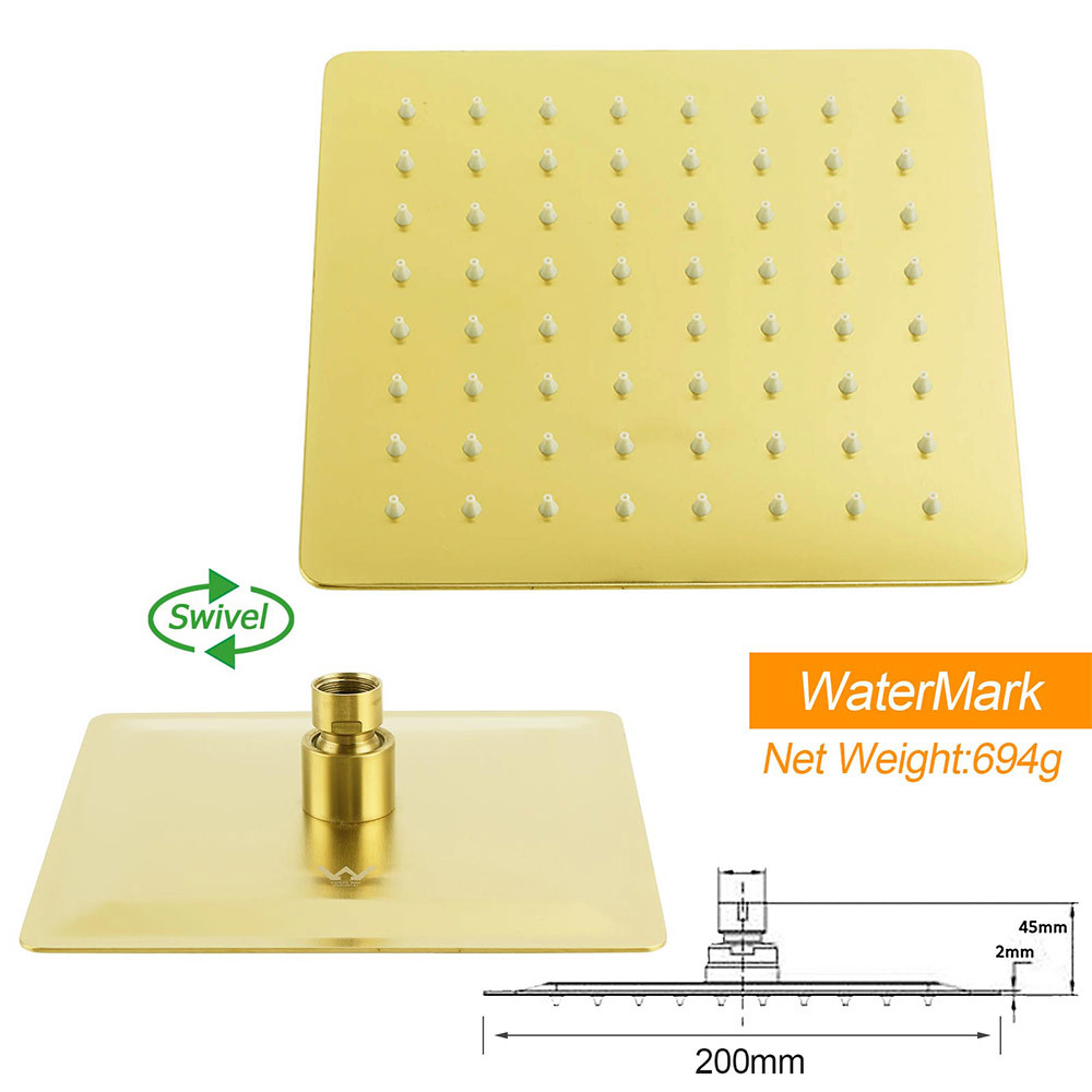 WELS Brushed Gold 2in1 Set 8" Square Rain Shower Head 3 Modes Handheld Silde Rail Arm + Mixer — image 6