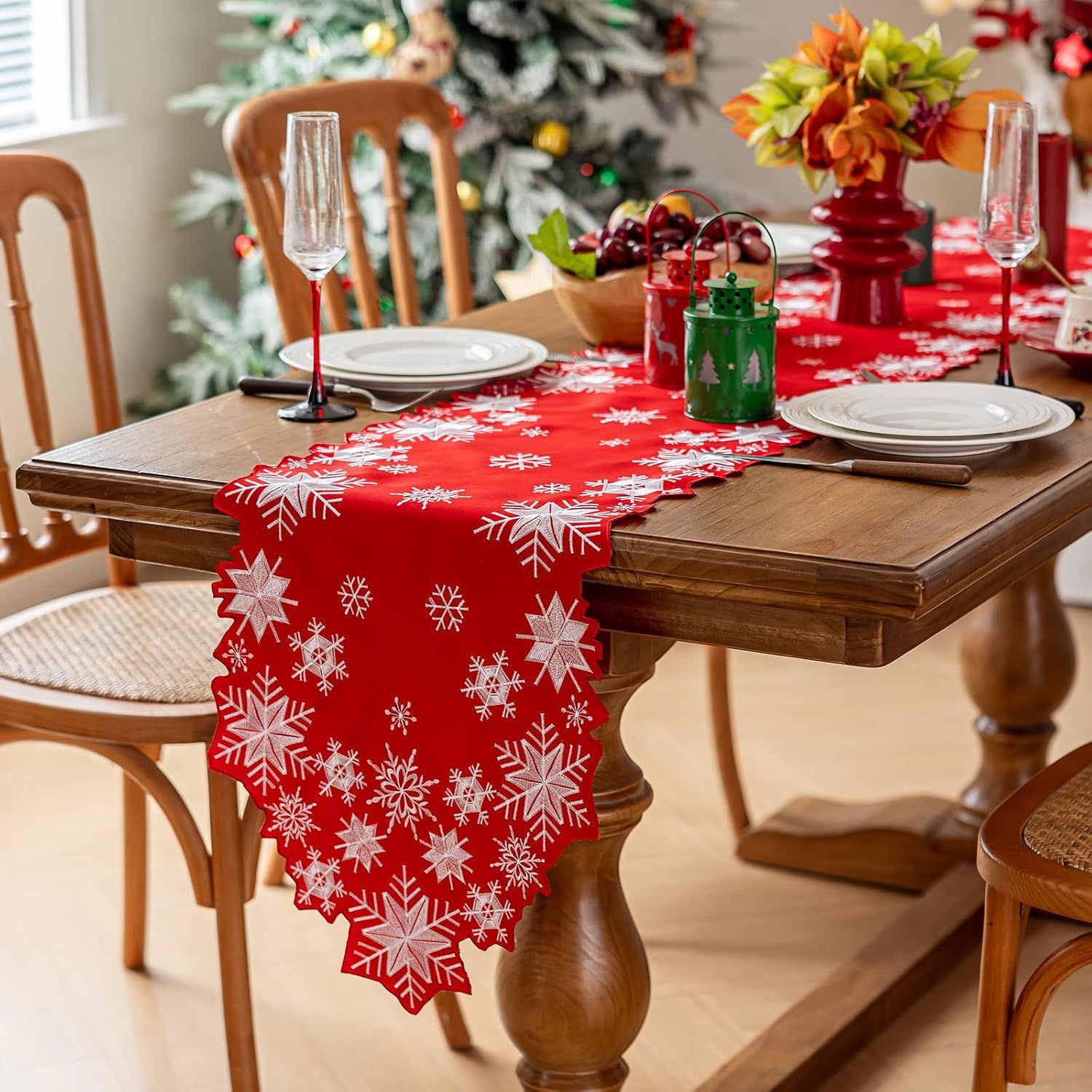 Christmas Red Table Runner 14 x 86 Inch, Cutwork Embroidered White Snowflake Table Runners, for Xmas Holiday Winter Festival Kitchen Dining Tabletop Decoration — image 4