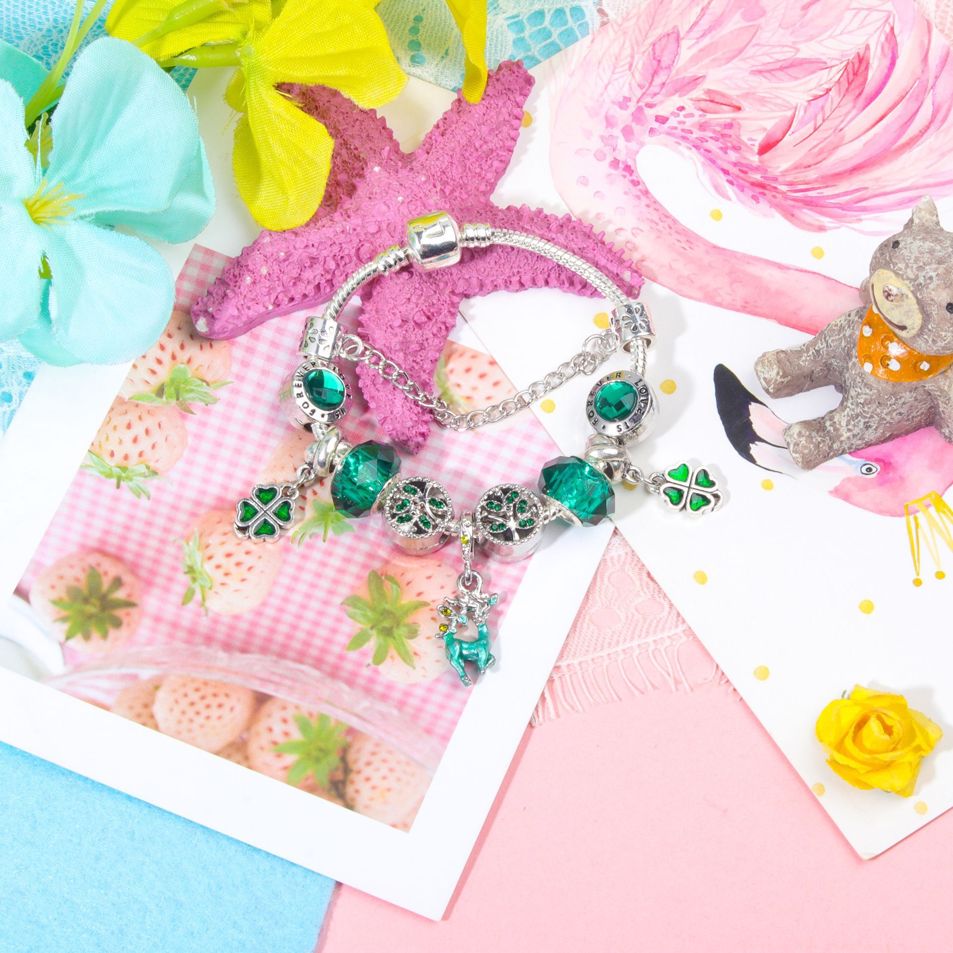 Colorful Cat Eye Glass Bead Clover Pendant Bracelet(19cm) โ image 4
