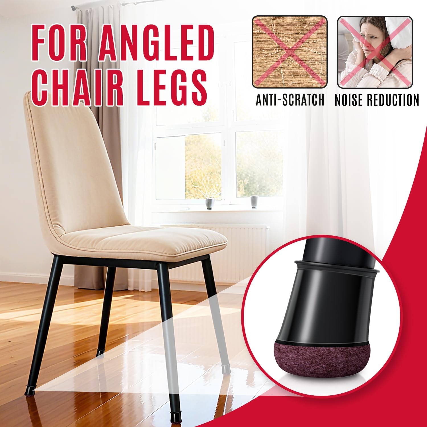 24 Pack Round Silicone Chair Leg Caps, Anti-Scratch Floor Protectors and Noise Reducing Furniture Feet, Black, Size L — image 3