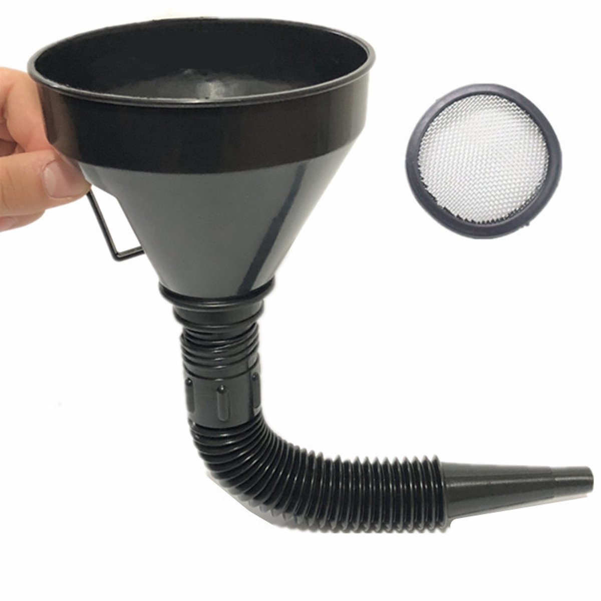 Car oil funnel - With flexible spout and filter - Ø 142 mm - 39 cm - Black - Plastic - Flexible hose - Filling up oil / petrol