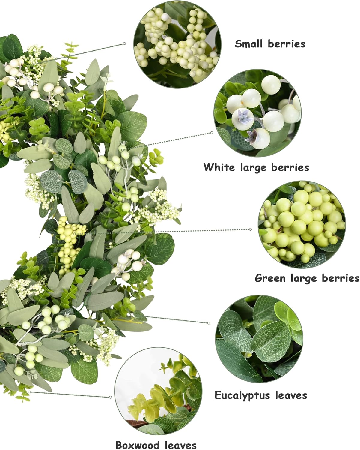 Green Eucalyptus Leaves Front Door Wreath, 24 Inch Artificial Spring Summer Greenery Wreath Front Door Decoration Boxwood with Big Berries Farmhouse Outdoor — image 2