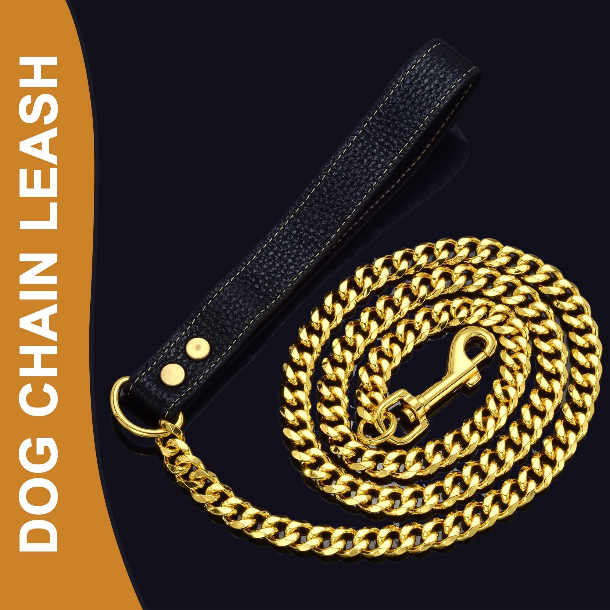 Dog Chain Leather Gold Dog Leather 4FT Stainless Steel 10mm Cuban Chain Dog Leather with Comfortable Handle, Suitable for Small, Medium and Large Dogs — image 2