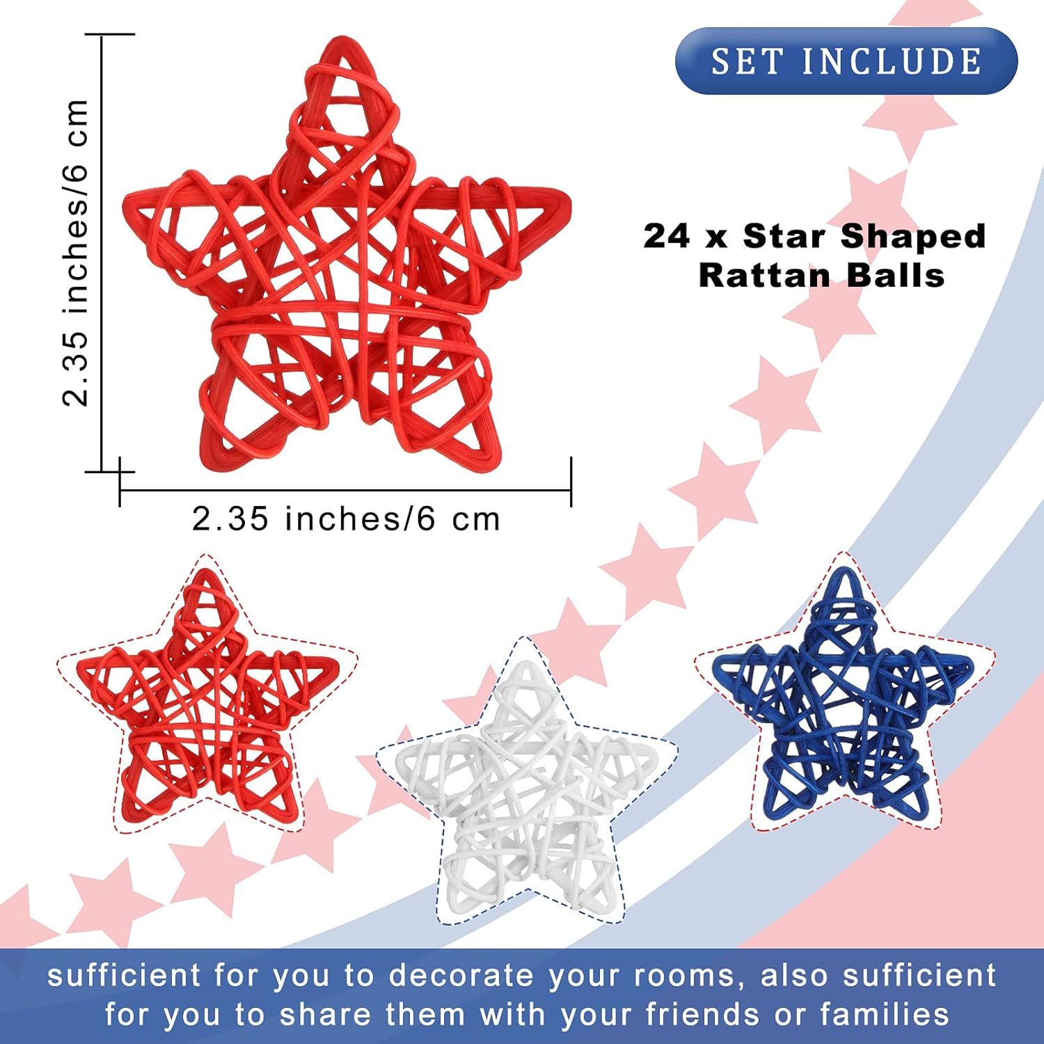 24 Pcs 4th o July Natural Rattan Stars Decoration 250th Anniversary Memorial Day Patriotic Red White Blue Wicker Rattan Stars or Vase Bowl iller Home DIY Crat โ image 3