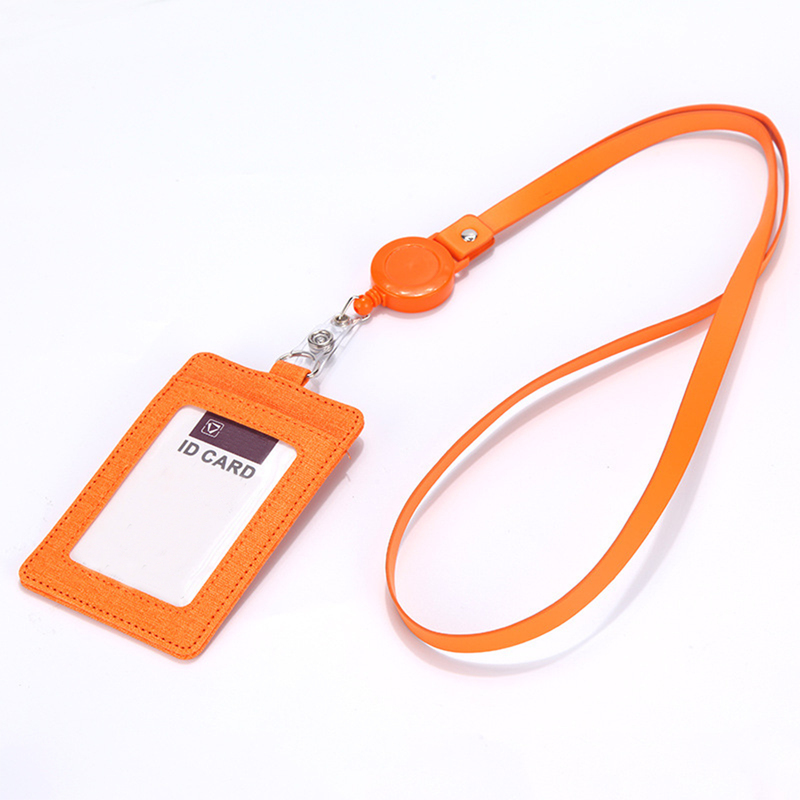Retractable ID Badge Holder with Lanyard, PU Leather Work Card Holder for Office Staff Nurse Teacher Student ID Card-Orange