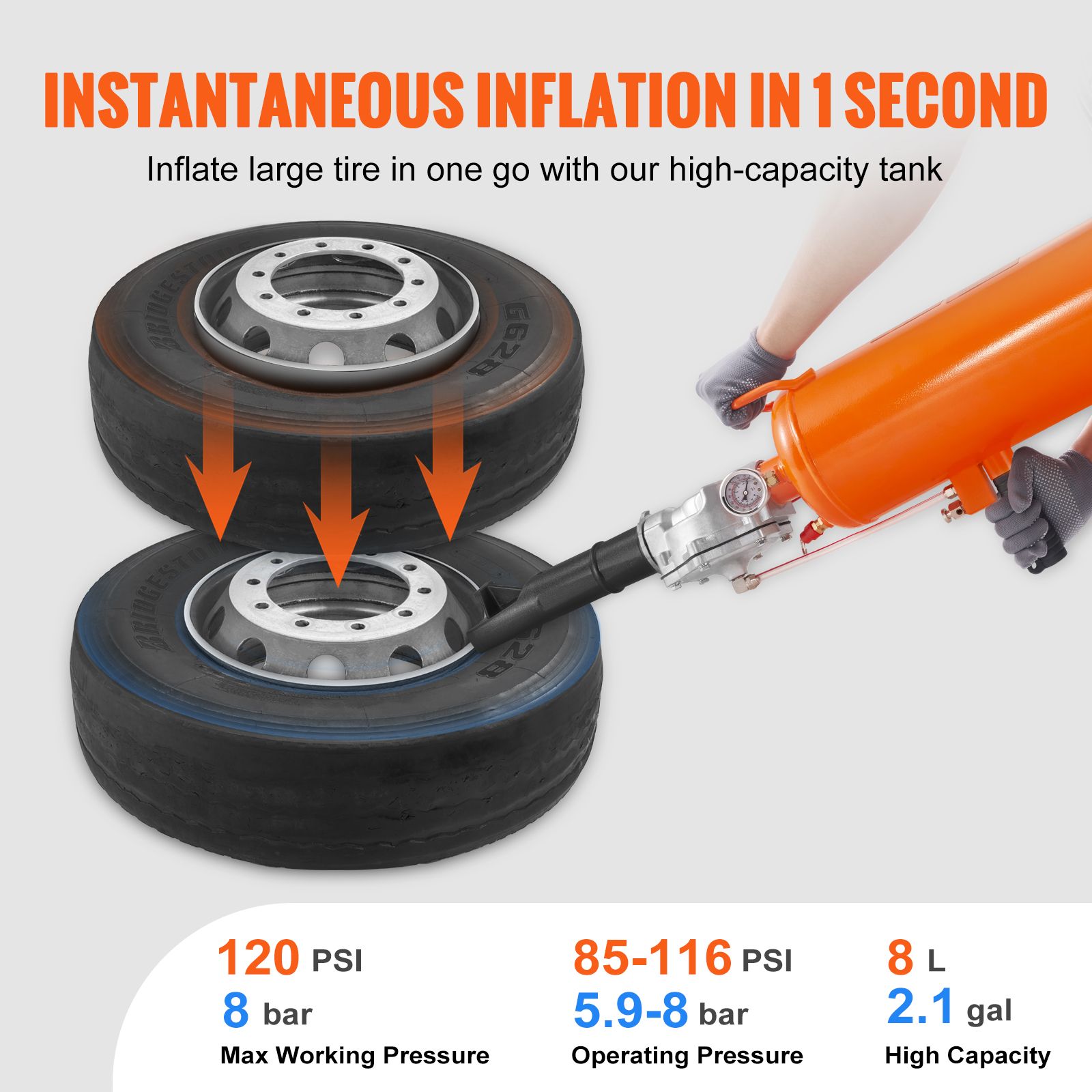 Tire Bead Seater, 2.1 Gal/8 L Air Tire Bead Blaster, 120 PSI Handheld Bead Bazooka, Upgraded Portable Tire Inflator Tool, 85-116 PSI Operating Pressure for โ image 3