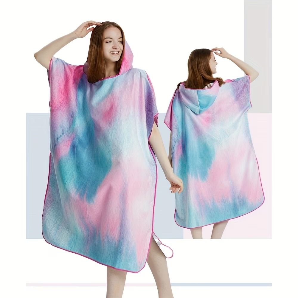 Hooded Beach Changing Poncho Bathrobe, Spacious Quick-Dry Absorbent, Hooded V-Hem, Private Beach Changing, Swimming Bathing Travel Essential(Blue powder tie-dyeing)