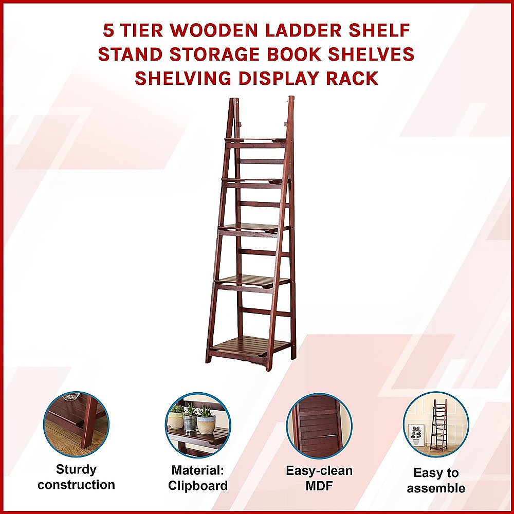 5 Tier Wooden Ladder Shelf Stand Storage Book Shelves Shelving Display Rack โ image 3