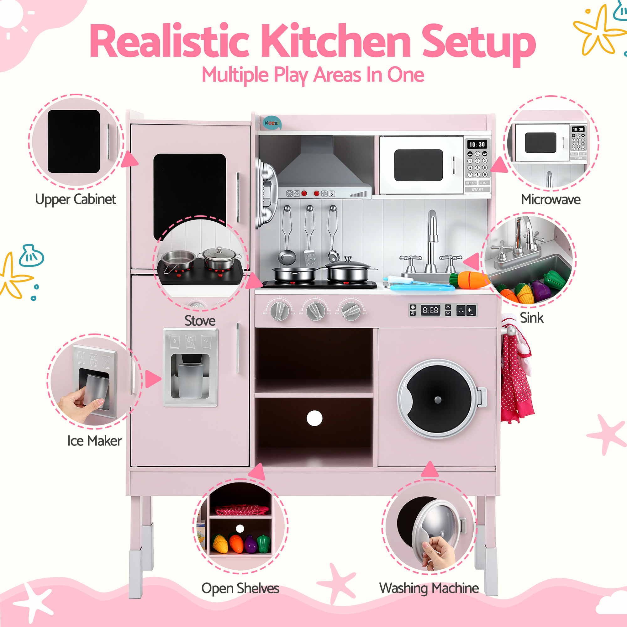 Keezi 102cm Wooden Pretend Kitchen Playset With Apron And Food Set1 Pink — image 4