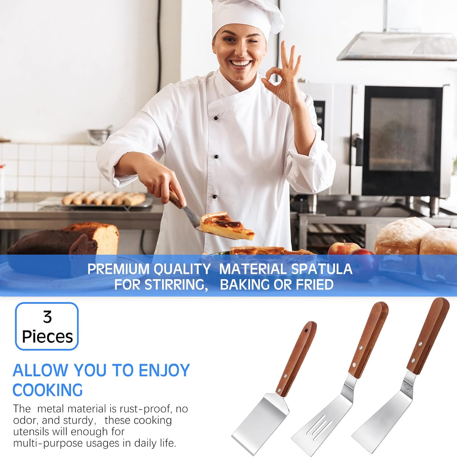 3 Pieces Stainless Steel Cooking Spatula Set Flat Top Metal Spatula Stainless Steel Wire Cheese Cutter Tool Slotted Spatula with Wooden Handle for Grilling — image 6