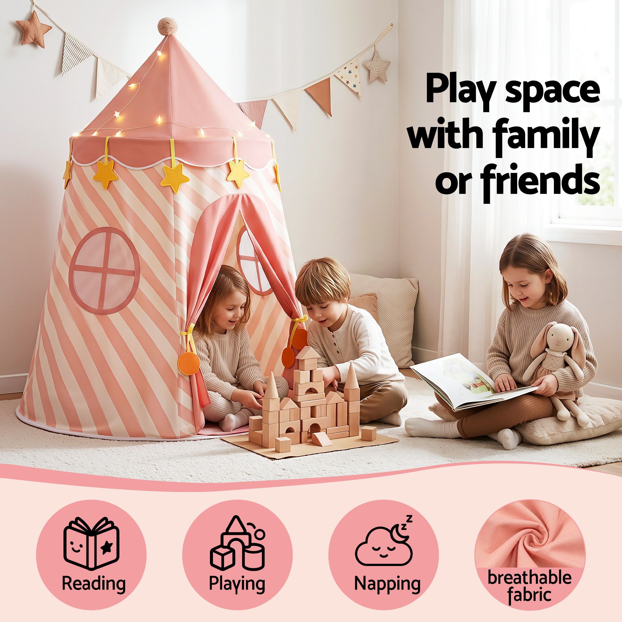 Keezi Kids Play Tent with Star Lights and Window Carry Bag 116cmx153cm Playhouse — image 4