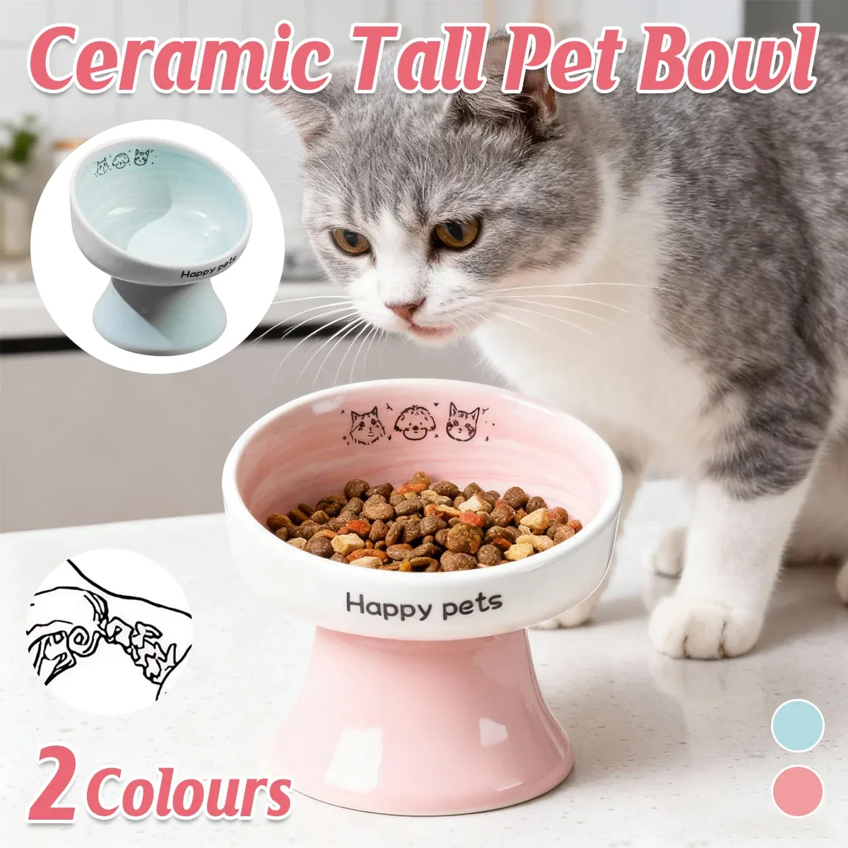 Tall Raised Ceramic Pet Bowl for Cats and Small Dogs in Blue or Pink - Blue — image 2