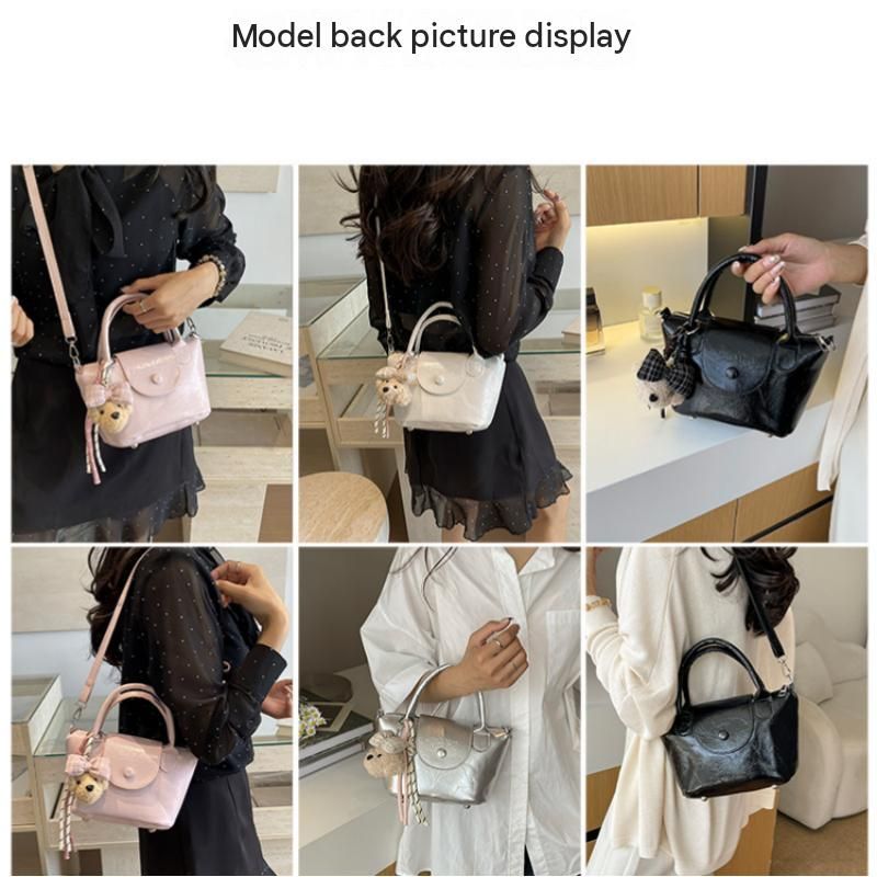 White Compact PU Leather Crossbody Bag With a pendant- Lightweight Handheld Shoulder Purse with Adjustable Strap, Zipper Closure and Metal Feet for — image 6