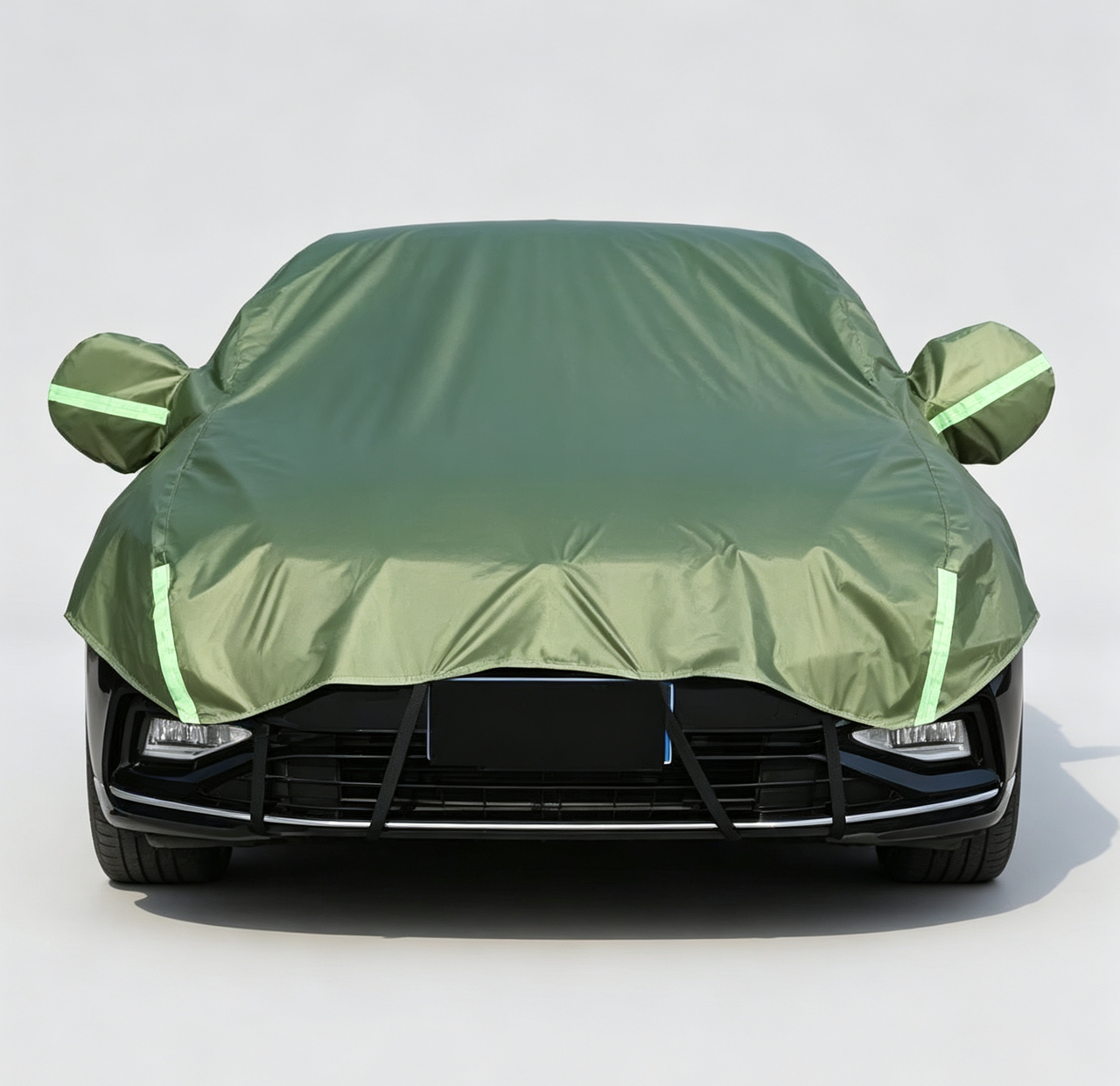Half Car Cover Sedan with Green Reflective Strip,All Weather Car Body Cover for Sun, Rain, Dust(Fit medium sedans,medium SUVs Length 4.5m to 5.2m)-green — image 2