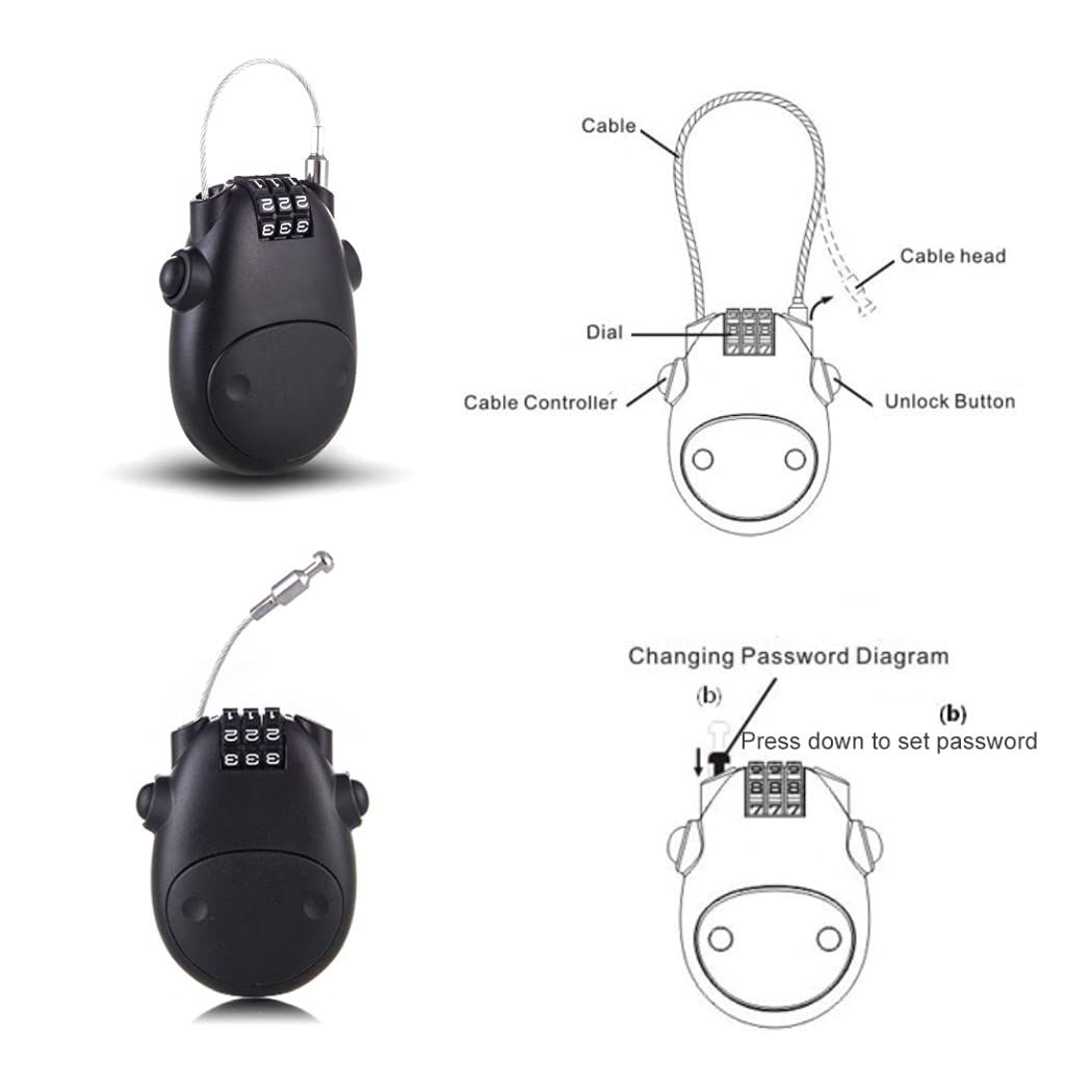Cartoon Cow-Shaped Combination Cable Lock for Bike - 3-Digit Password Resettable Code Lock with Retractable Steel Wire Black 1Pc โ image 4