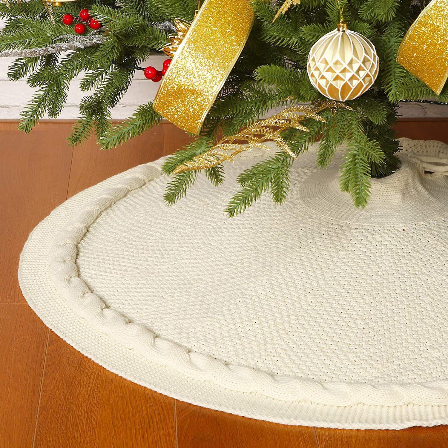 Knitted Christmas Tree Skirt 48 Inch White Round Tree Base Cover with Cable Knit Border Soft Holiday Tree Skirt Rustic Christmas Decor for Home Fireplace Party — image 3