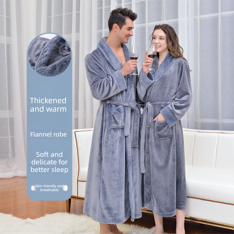Grey XL size Plush Flannel Robe for Couples - Thickened Warm Bathrobe with Shawl Collar, Soft Fleece Material, Unisex Long Style for Winter Home Wear โ image 4