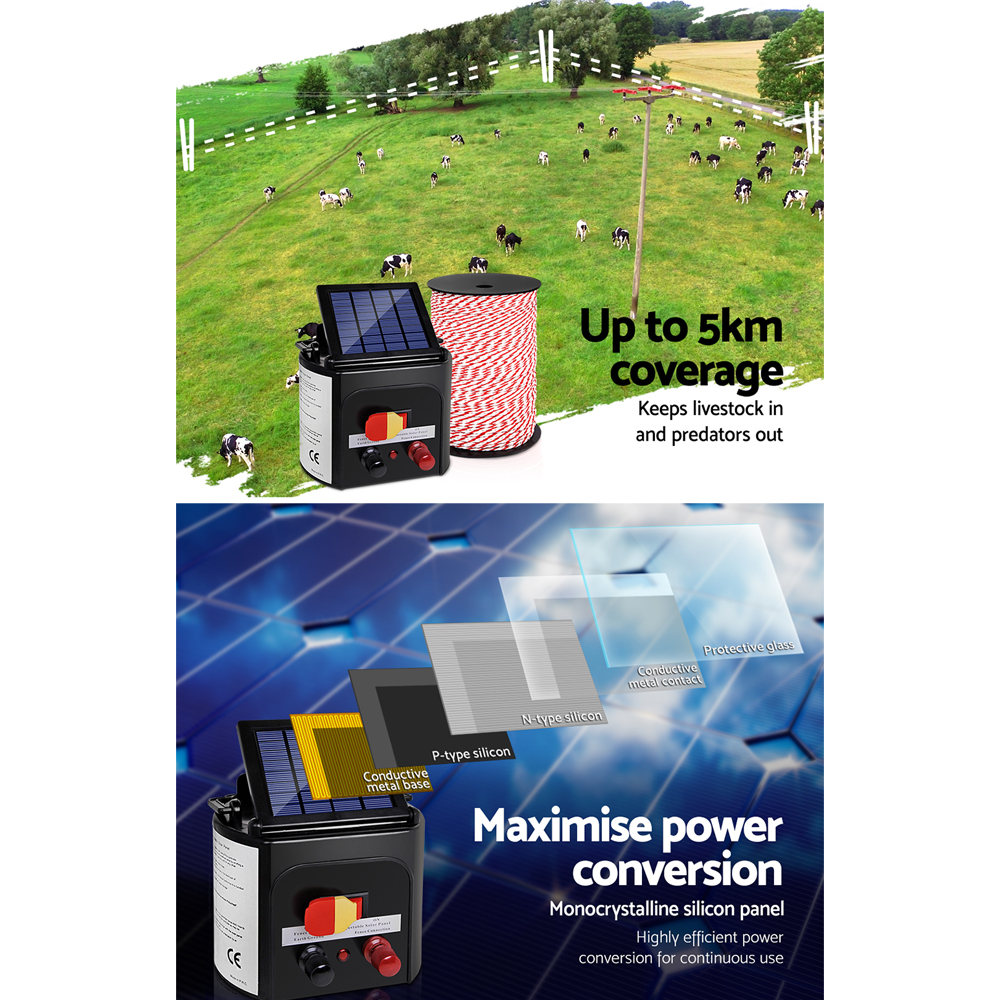 Giantz Fence Energiser 5KM Solar Powered Electric 500M Poly Rope โ image 4