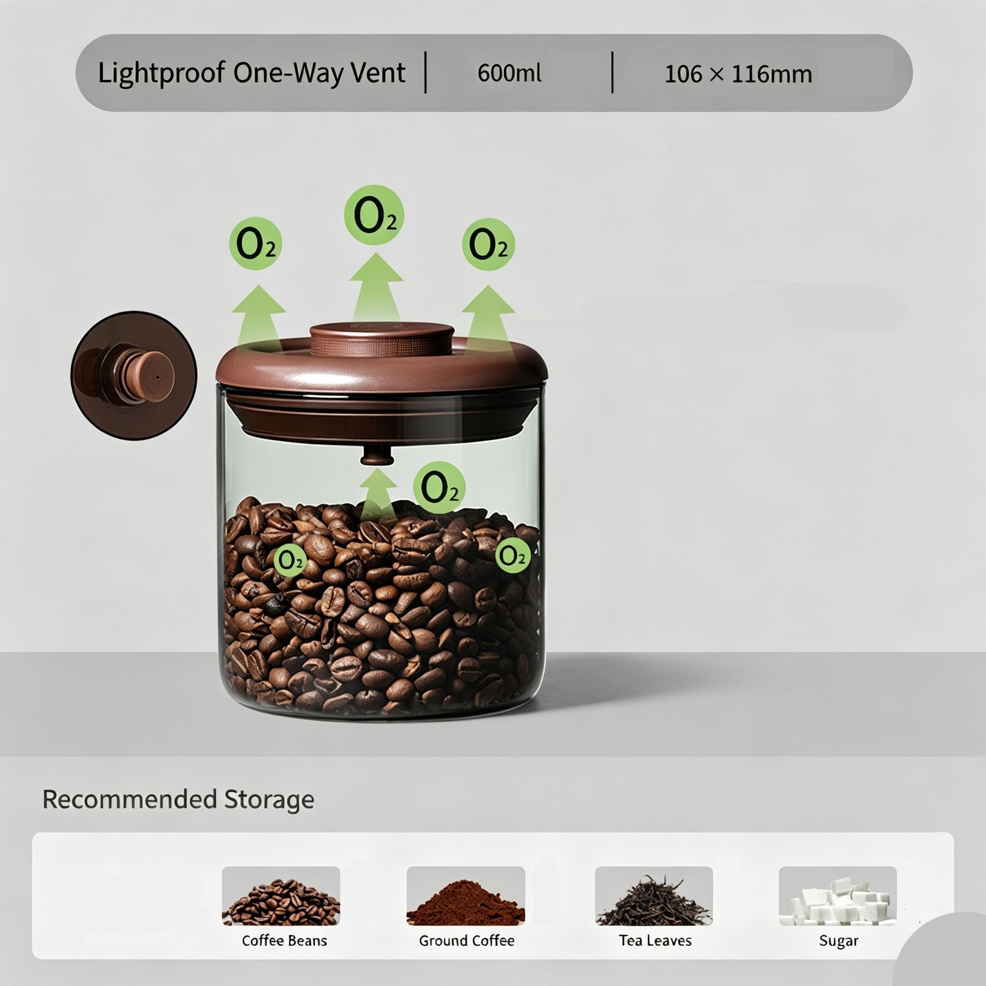 Light‑Shield Brown Glass Airtight Storage Jar 600ml Round High Borosilicate Canister,Sealed Container for Coffee Beans Tea Coffee Powder,UV‑Blocking Pantry