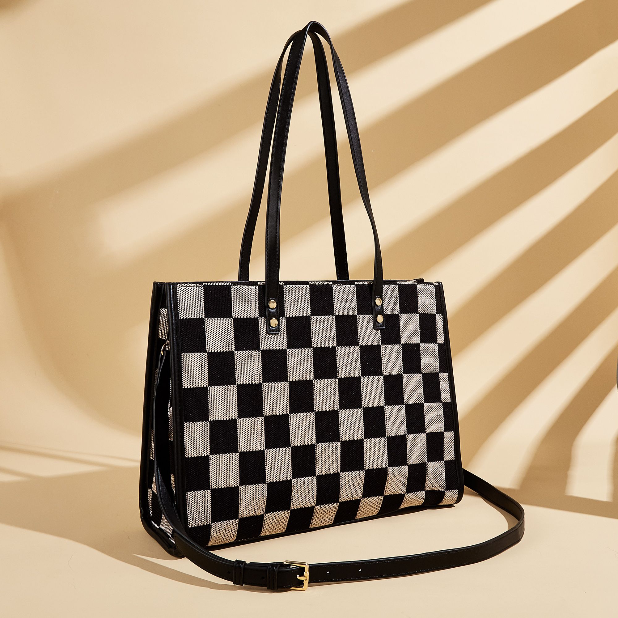 Stylish Black Khaki Checkerboard Tote Bag Large Capacity Women’s Shoulder Handbag for Work & Daily Use — image 3