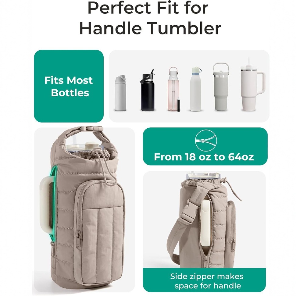 purple Quilted Water Bottle Carrier Bag with Large Phone Pocket - Insulated Tumbler Pouch with Adjustable Shoulder Strap - Crossbody Water Bottle Holder โ image 2