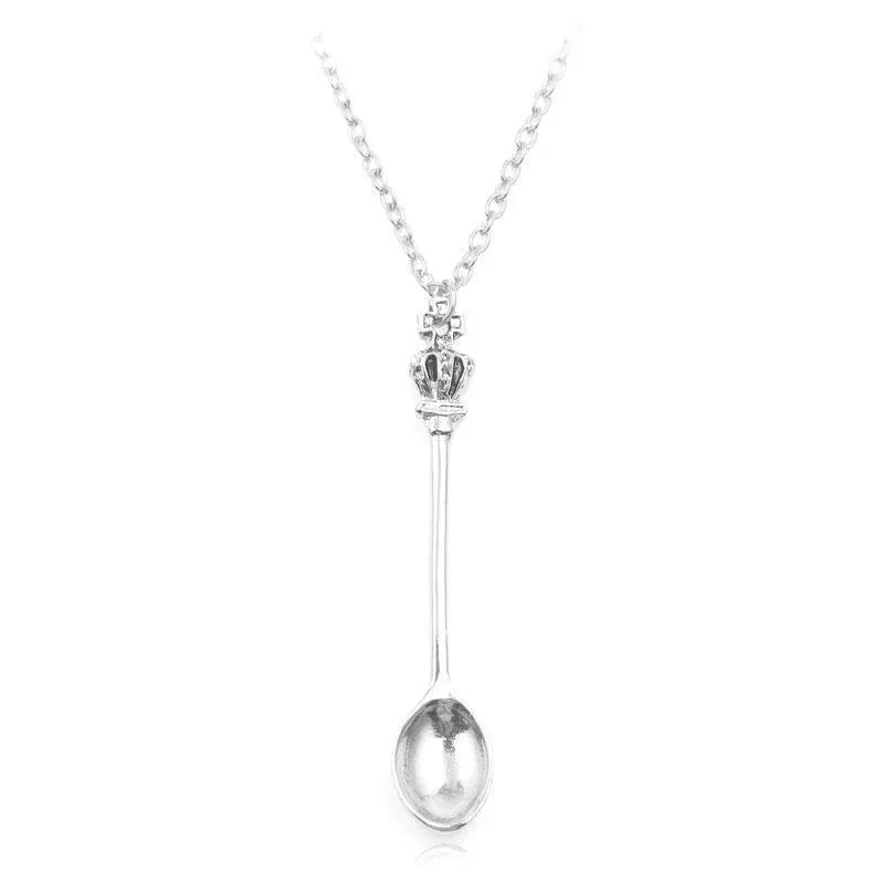 Mini Crown Spoon Necklace Pendant Charm Festival Cutlery Tea Party Gift - Silver