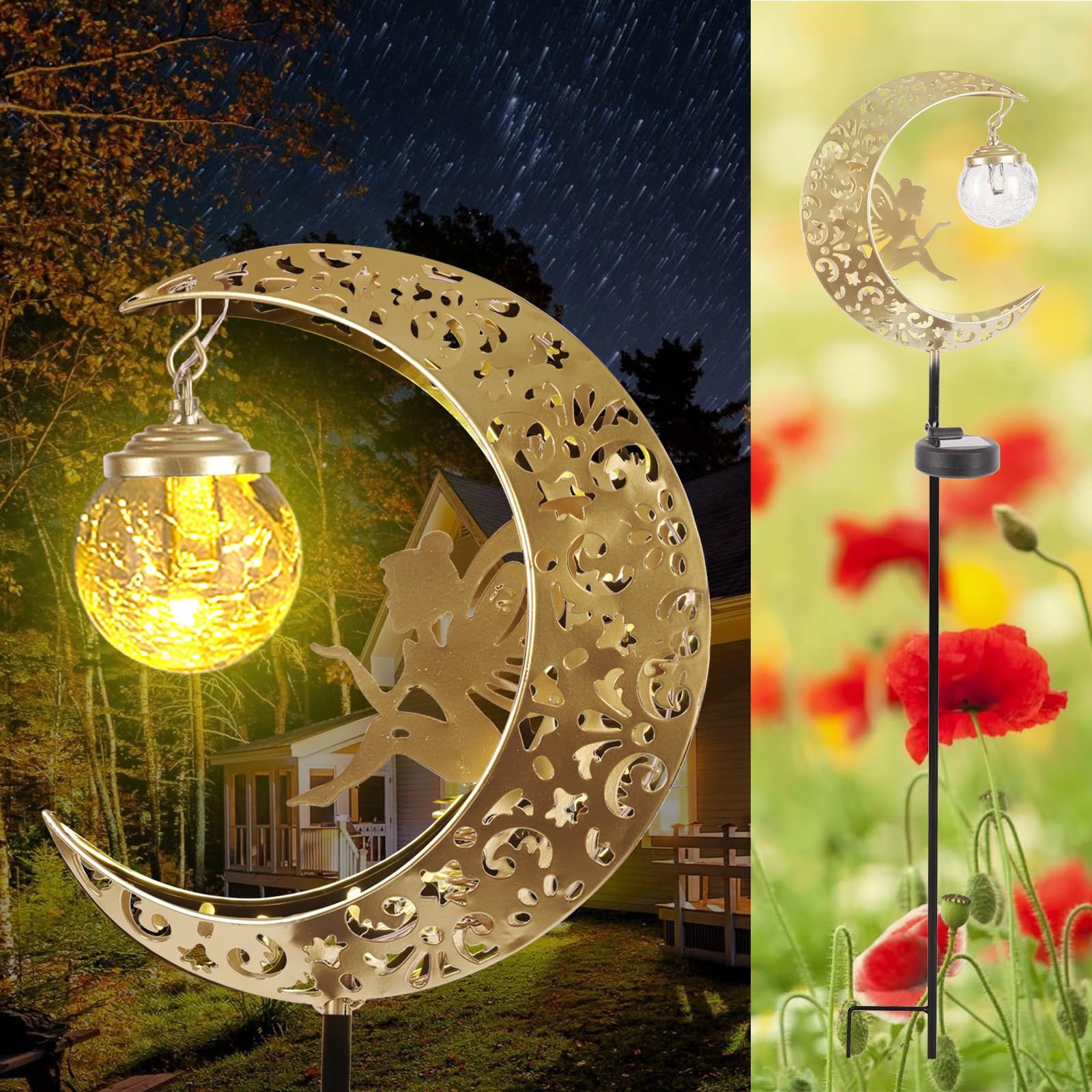 Solar Lights Outdoor Waterproof Fairy Moon Crackle Glass Lights with Metal Angel Decor for Walkway Yard Patio or Garden Gifts for Mom Grandma Friends โ image 2