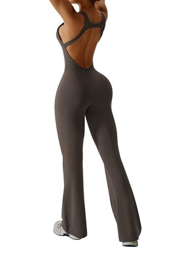 Sleeveless Open Back Flared Jumpsuit for Workout, Yoga, Casual Everyday & Occasions, S (dark brown) — image 5
