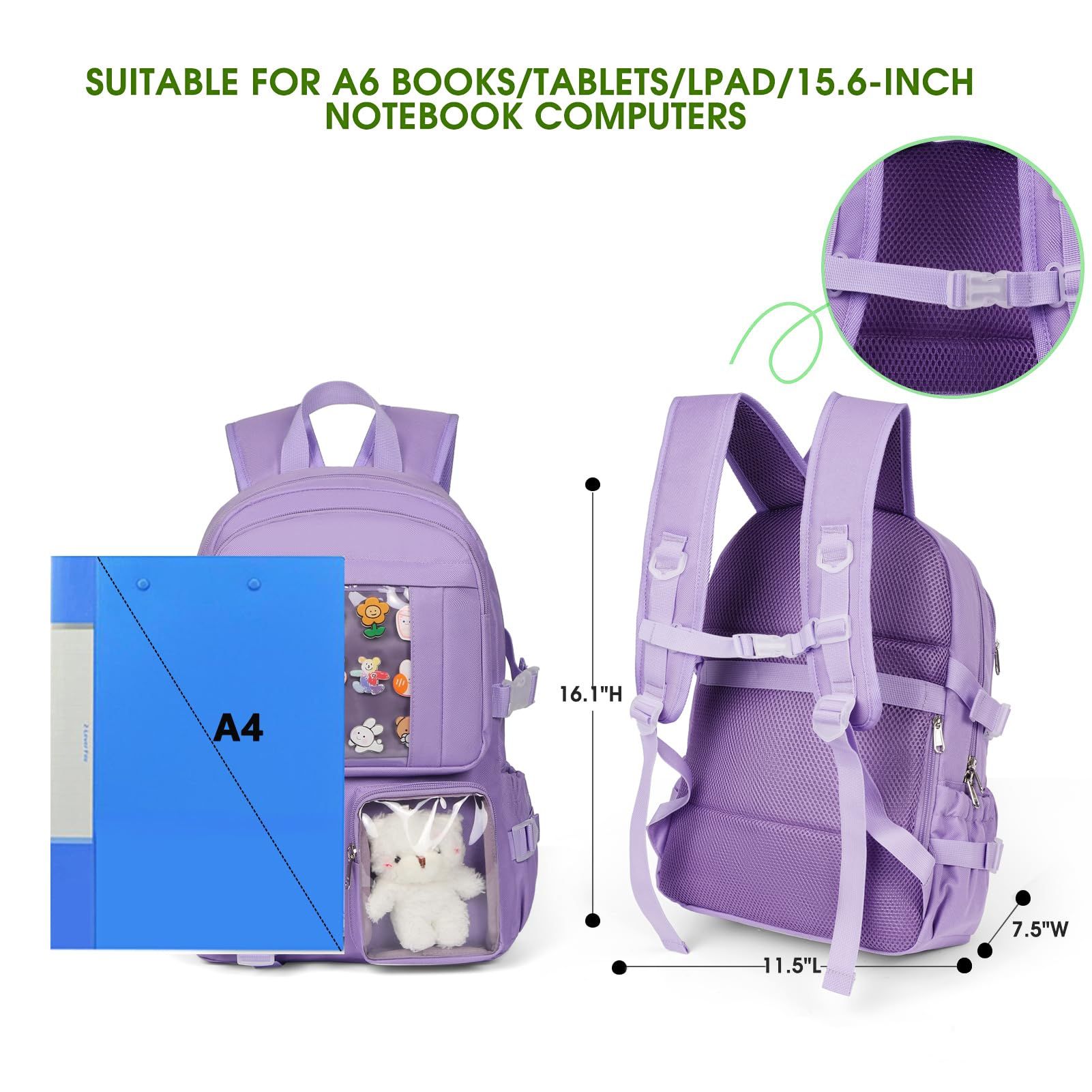 Backpack for Girls, Cute Aesthetic Backpack for School, Kawaii Bookbag with Pins Accessories and Pendant, Purple — image 3