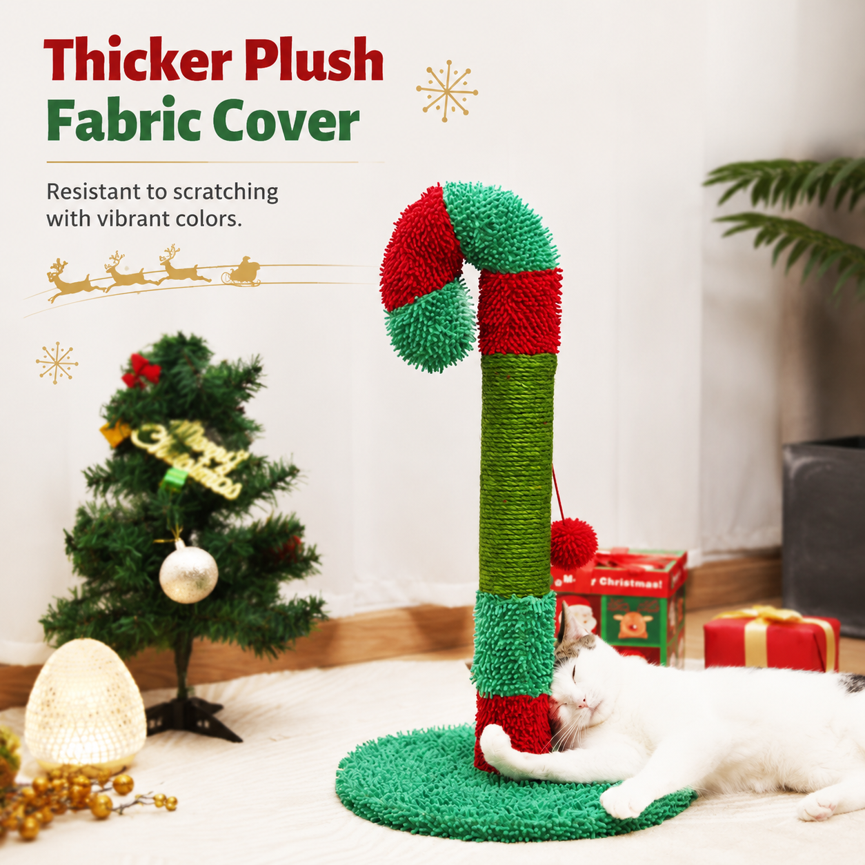Cat Christmas Tree Scratcher Post with Spring Bobbing Head and Hanging Ball, Festive Santa and Candy Cane Design, Durable Sisal Rope, No-Mess — image 5