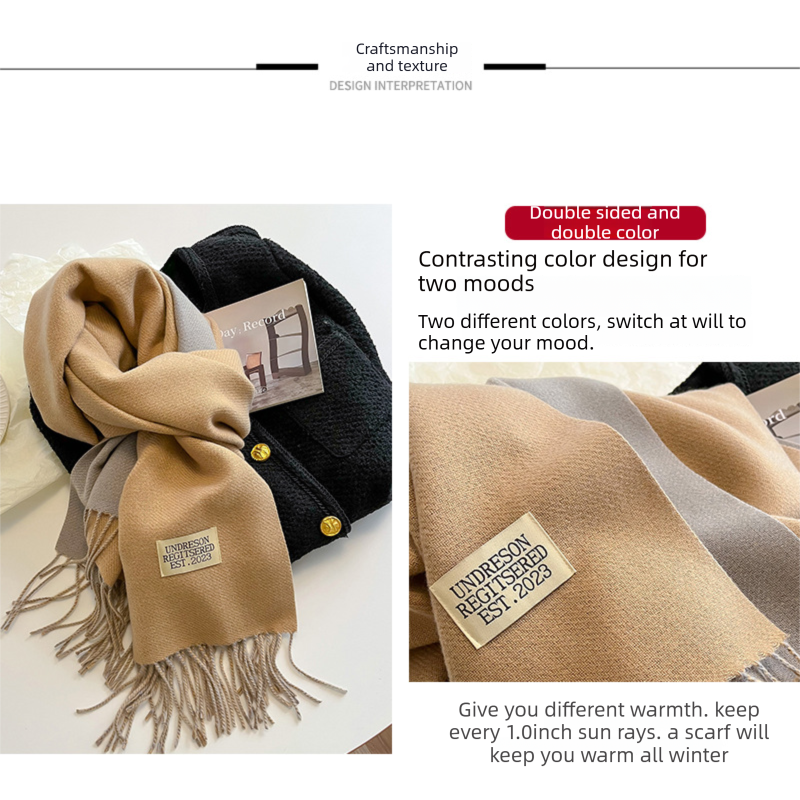Brown and Caramel color Double-Sided Reversible Imitation Cashmere Scarf for Women - Soft Warm Winter Neck Wrap with Classic Boho Tassel Edge, Solid Color โ image 2