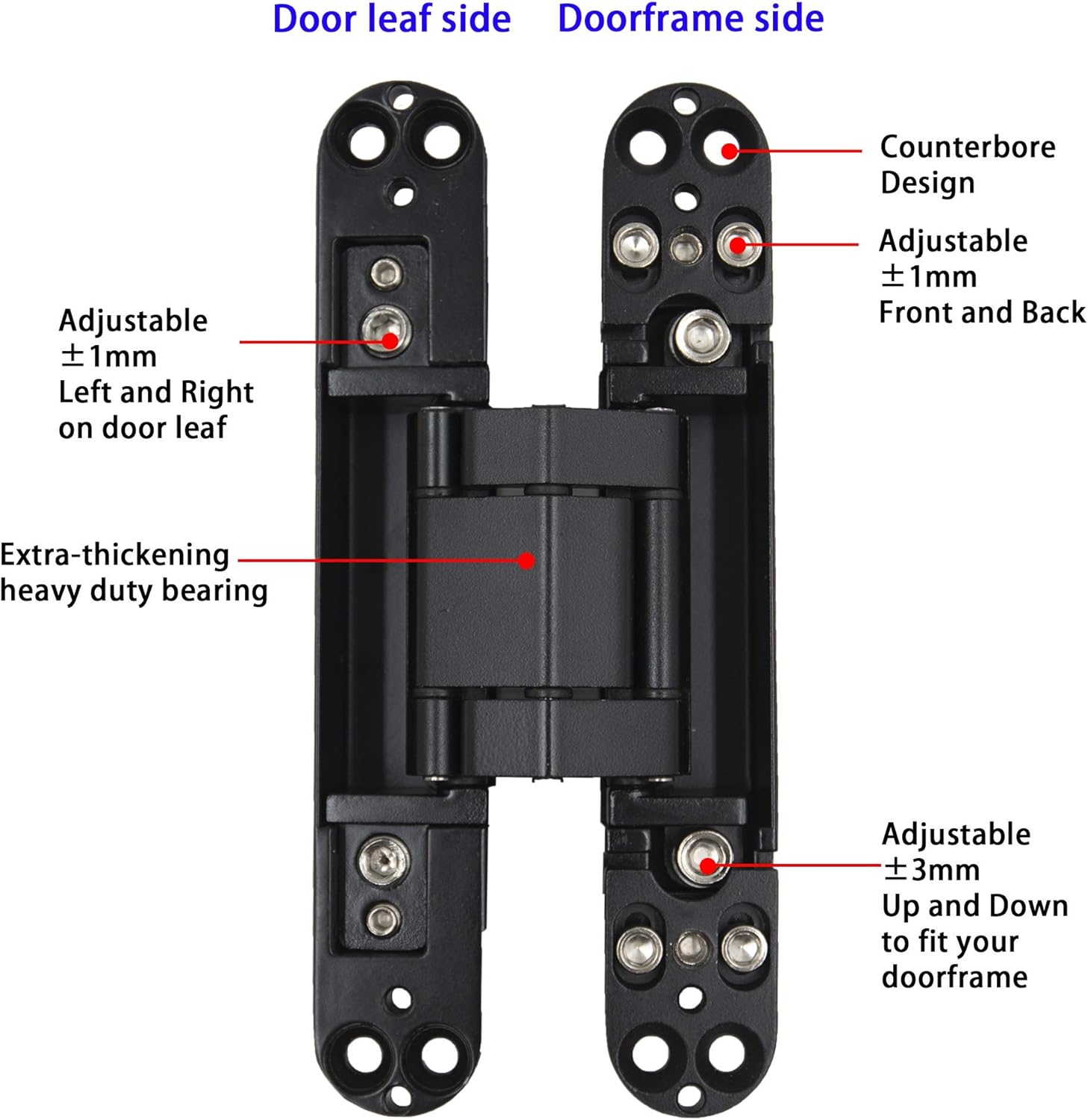 6inch Hidden Door Hinges Invisible Hinges Concealed Hinges Zinc Alloy 180 Degree Swing Hinge 3 Way Adjustable Butt Hinge 6 x 2.5 x 1 inch (Black Pack of 2) — image 4