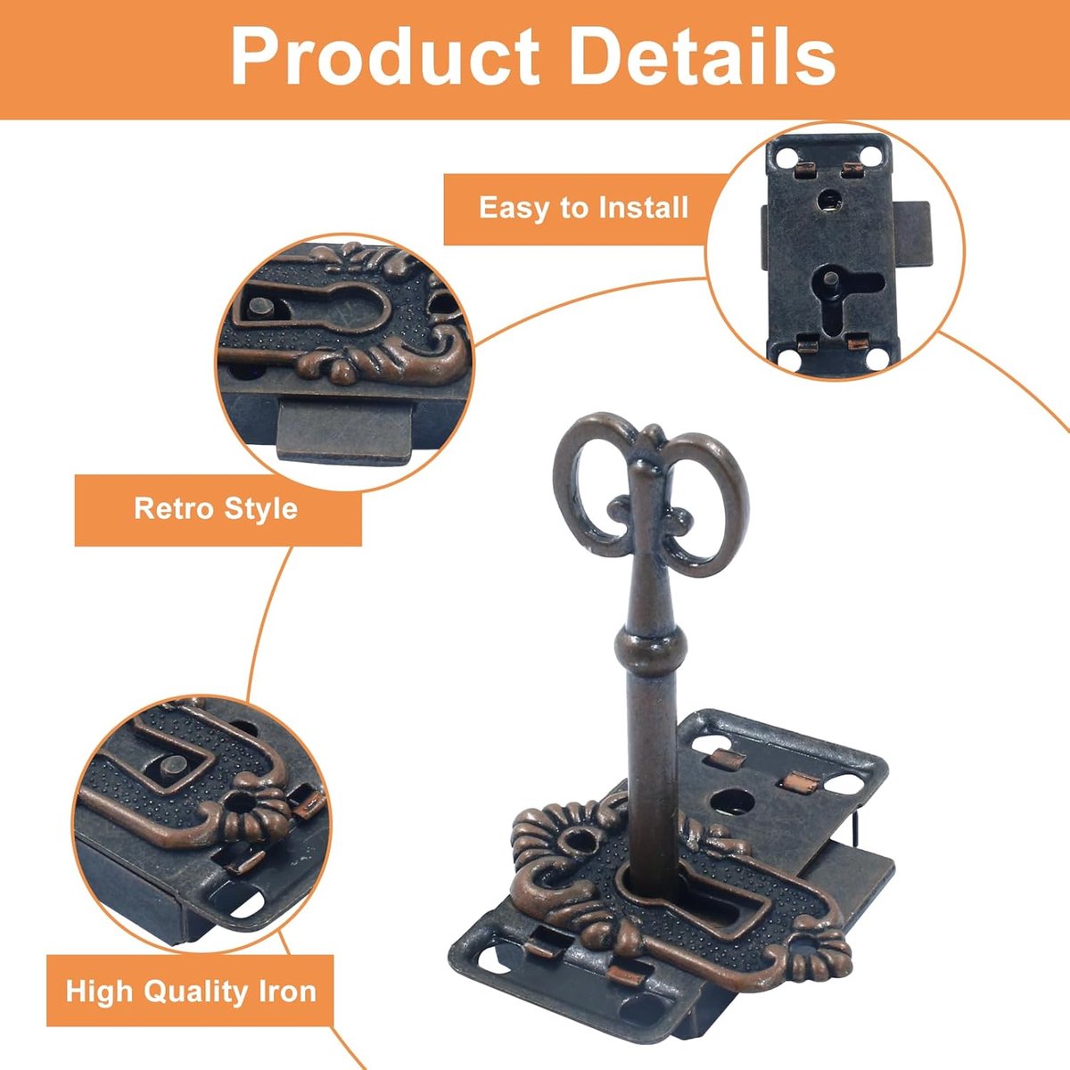 4 Pieces - Furniture Lock - Iron - 53*27 mm - Red Bronze - With Key and Screws - Furniture Locks - Safety Cabinet Lock - Drawer Lock - Lock with Key — image 3