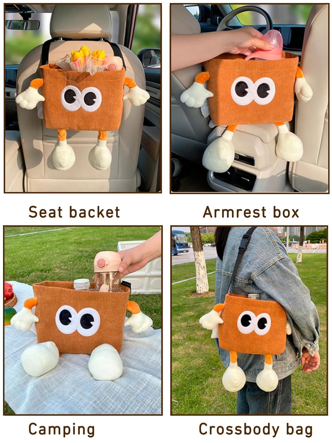 Car Cute 2 in 1 Trash Can with Tissue Holder Box Seat Back Bag Hanging over the Seat Organizer Plush Cartoon Animal Storage Garbage,Brown — image 4