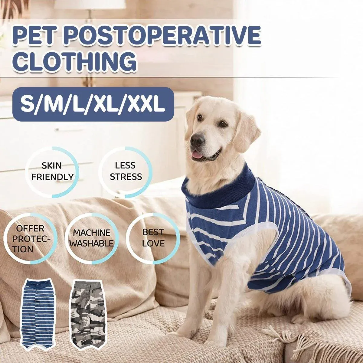 Dog Recovery Suit Anti-Lick Wound Protector Pet Clothing Post-Surgery Belly - Stripes-XL — image 2