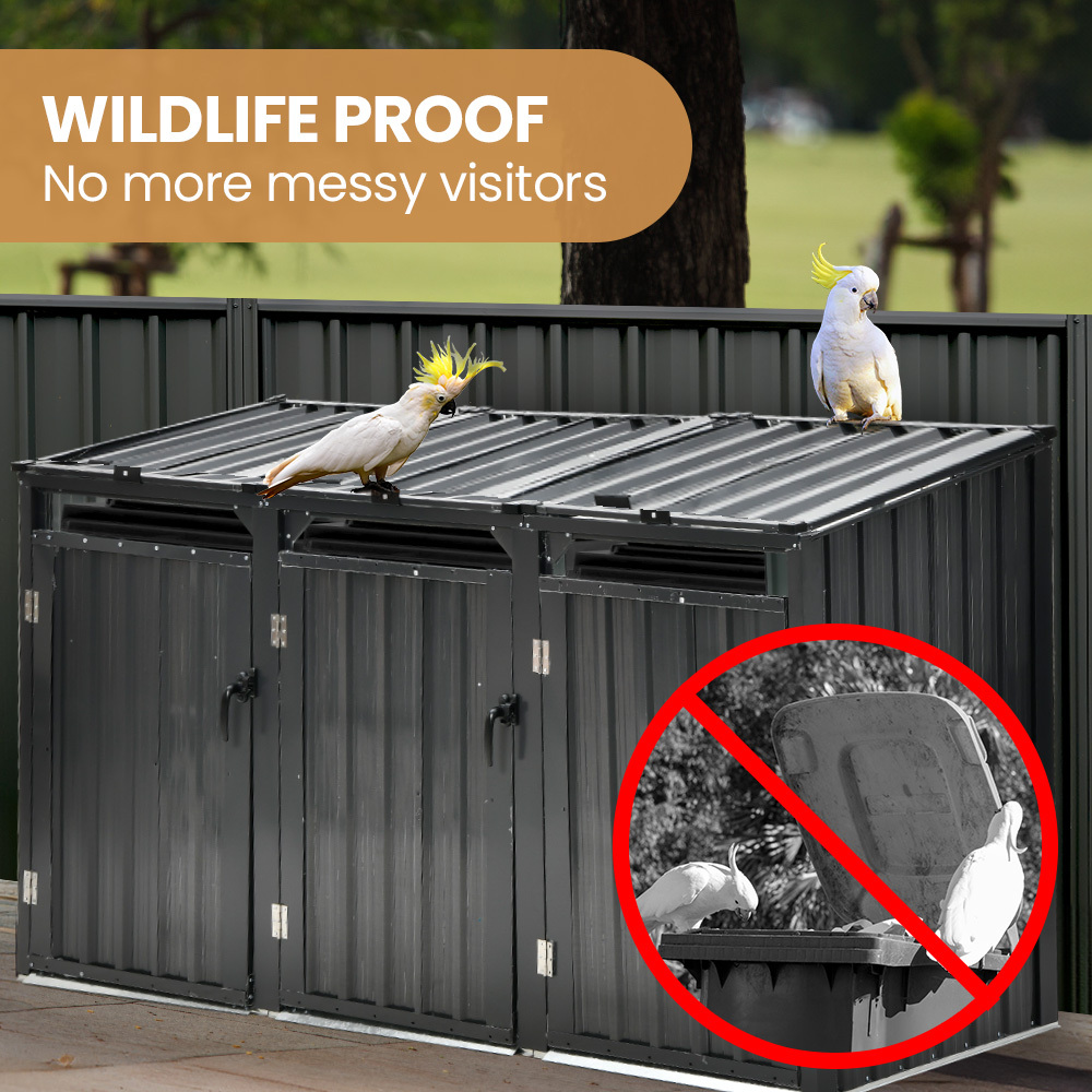 PLANTCRAFT Triple Steel Wheelie Garbage Bin Storage Shed, Enclosure with 3 Opening Doors — image 5