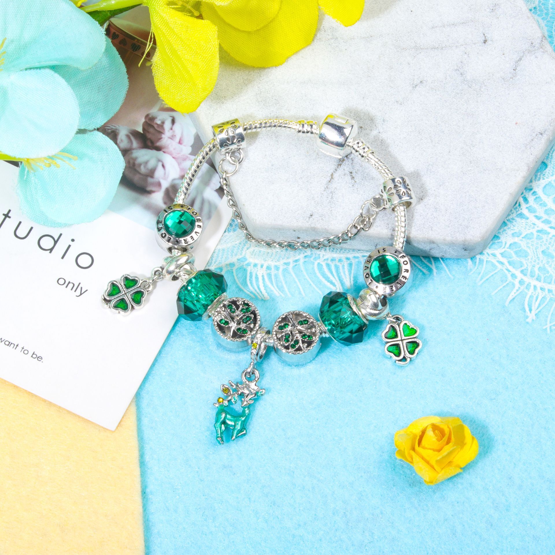 Colorful Cat Eye Glass Bead Clover Pendant Bracelet(19cm) โ image 5