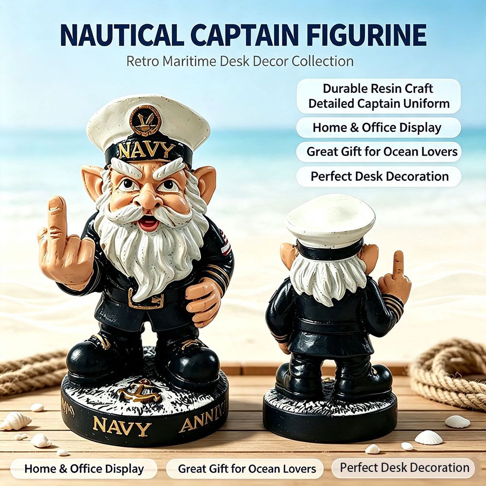 Vintage Nautical Captain Dwarf Figurine: Hand-Painted Distressed Resin, Playful Middle Finger Gesture for Stress Relief, Unique Desk and Office Decor