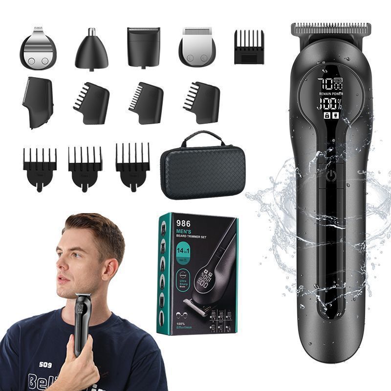 6 in 1 Black Mutifunctional Mens Hair Clipper Set with 6 Safe Heads, Styling Accessories and Storage Box - Rechargable Beard Trimmer Nose Hair Shaver Grooming