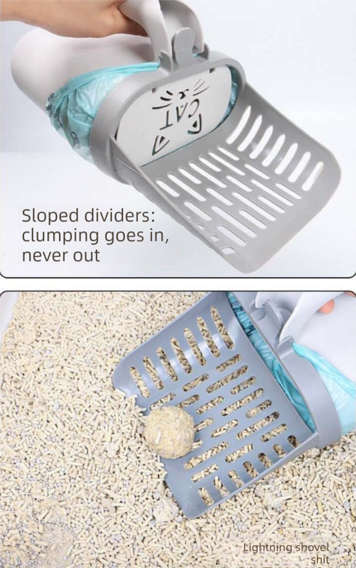 2-in-1 Cat Litter Scoop with Integrated Waste Bin & 1 Roll Refill Bags Detachable Sifter Shovel Anti-Reflux Baffle Grey β image 5