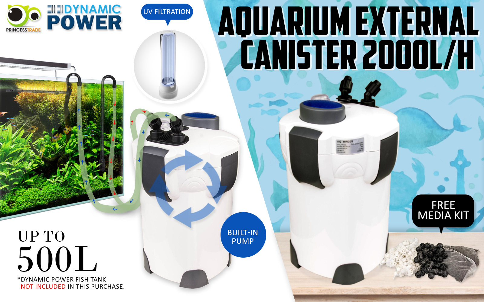 Aquarium UV Light External Canister Filter 2000L/H + Media Kit — image 2
