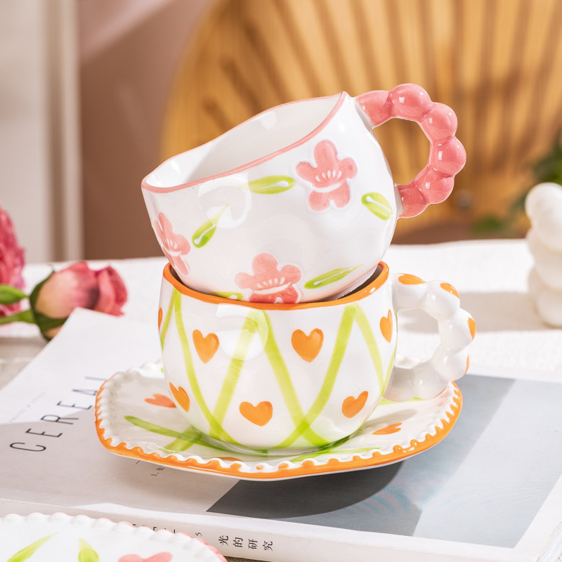 Hand-Painted Ceramic Coffee Mug and Saucer Set - Whimsical Afternoon Tea Cup with Spoon(White cloud-pink) โ image 2
