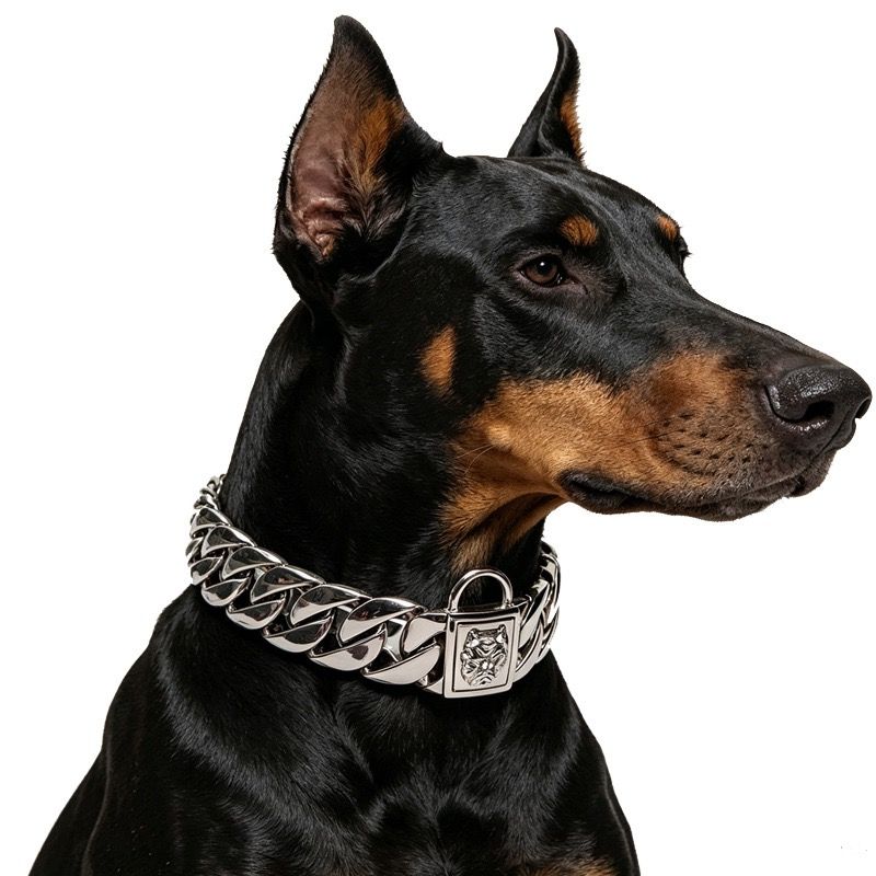 Premium Stainless Steel Cuban Link Dog Collar with Dog Head Buckle – Stylish, Durable, and Comfortable for Large Breeds, Perfect for Daily Walks and