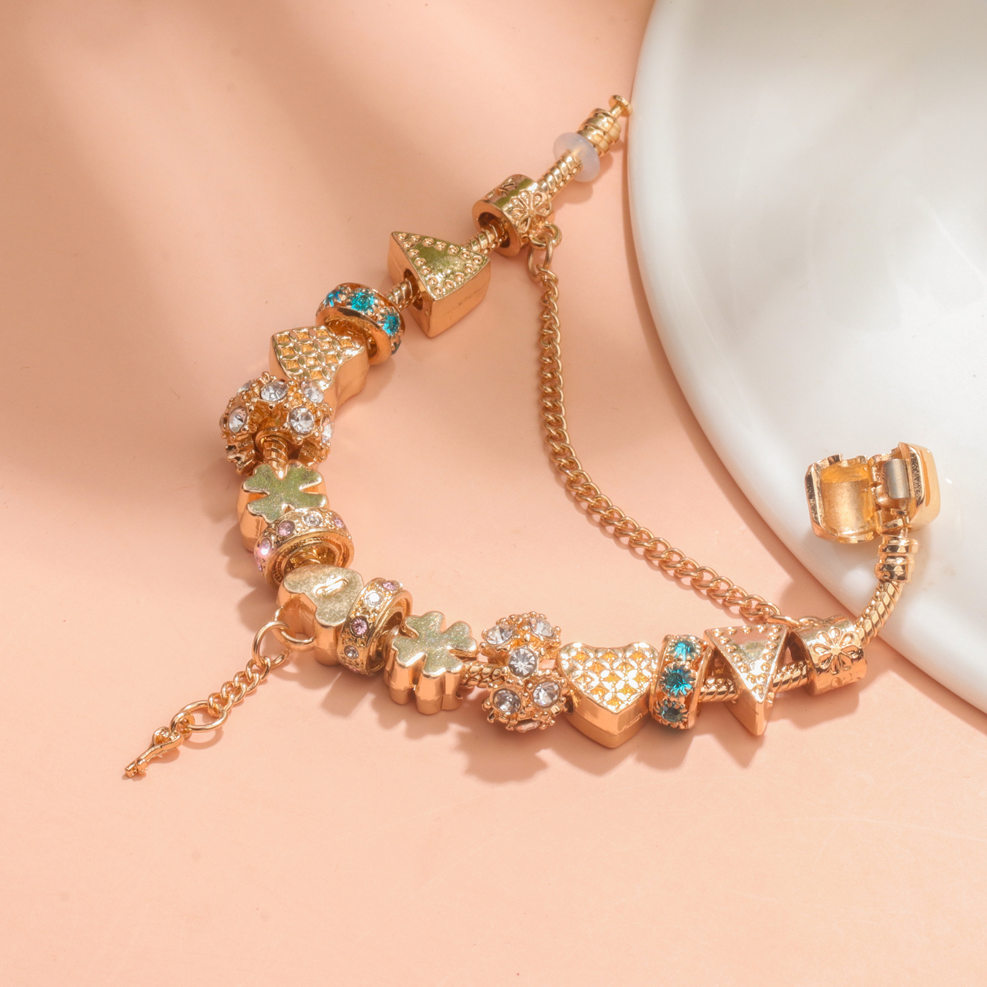 Rose Gold DIY Charm Bracelet with Crystal Heart, Clover & Key Pendant, Romantic Beaded Bracelet(18cm) โ image 5