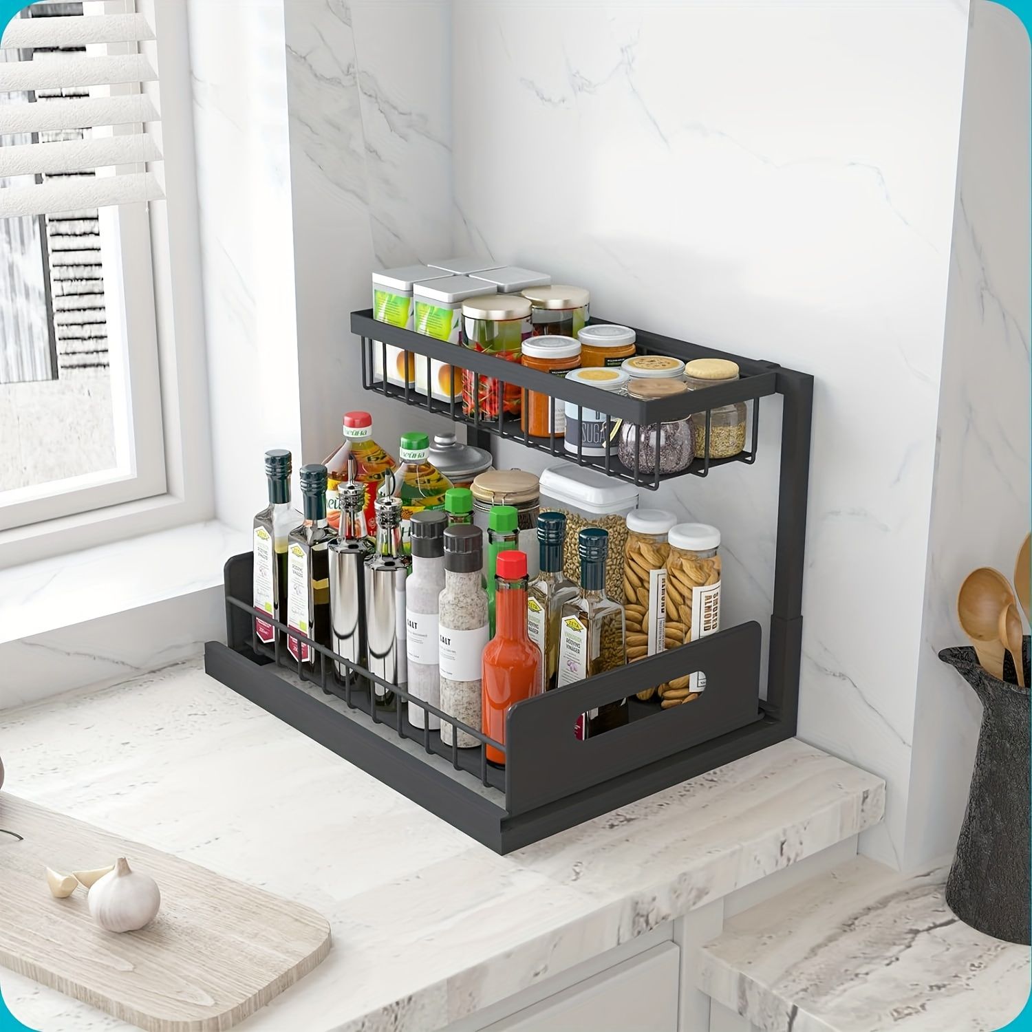 Kitchen sink storage box, pull-out cabinet storage box 2-layer sliding sink rack cabinet storage rack, kitchen bathroom cabinet sink drain storage pull-out